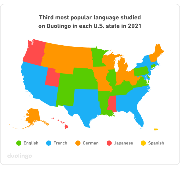 U.S. map of the third-most popular language to study in each state