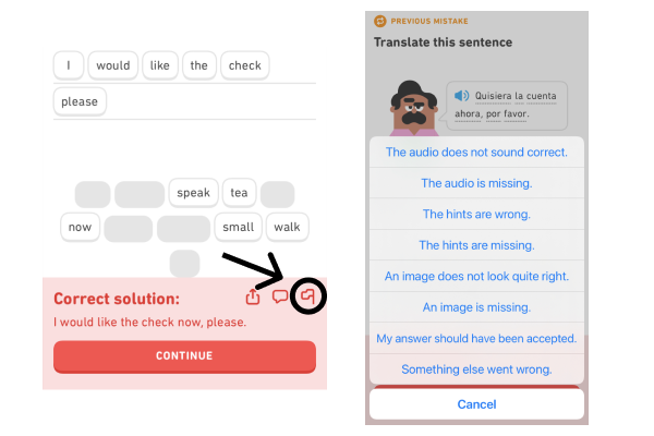 A screenshot of the process for sending a bug report into Duolingo