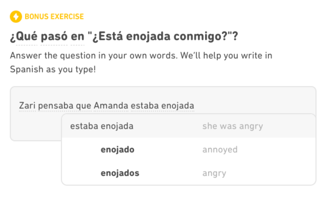 Ejercicio de escritura de Duolingo