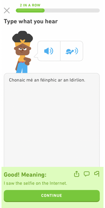 A Duolingo exercise showing the Irish sentence “Chonaic mé an féinphic ar an Idirlíon.” and the English translation “I saw the selfie on the Internet.”