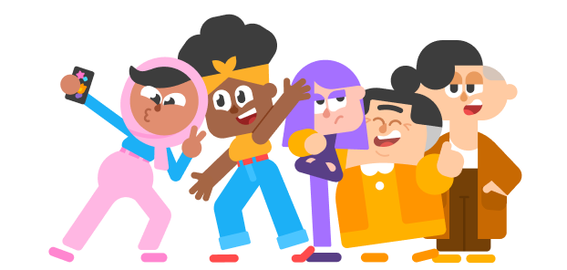 Duolingo's female-identifying characters taking a selfie together on Zari's phone.  Left to right is Zari, Bea, Lily, Lucy, and Lin.