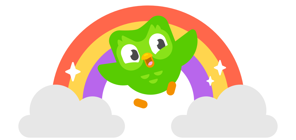 Duolingo owl in front of a rainbow