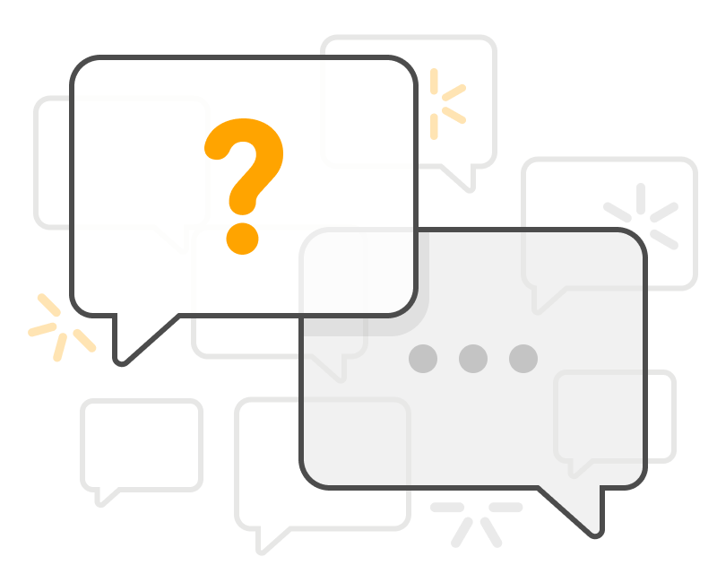 an image of several speech bubbles representing different kinds of test items. One contains a large orange question mark, another contains gray ellipses