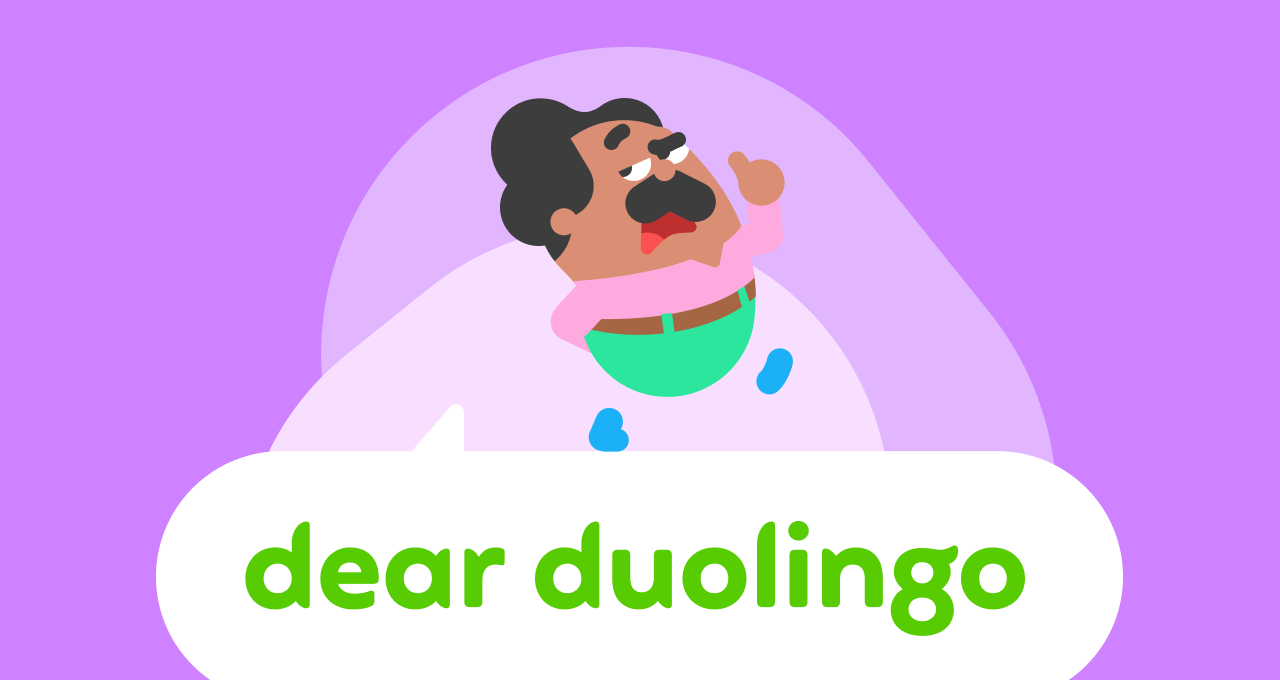 Duolingo character Oscar in motion with a finger pointed -- he looks like he's instructing someone. He is atop a speech bubble that reads Dear Duolingo