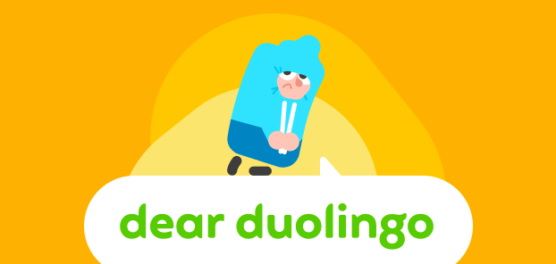 Duolingo character Junior with his hoodie over his head, sulking. Below, a speech bubble reads "Dear Duolingo."