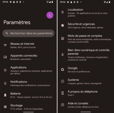 Two Android screenshots. One on the left shows the top half Paramètres menu, the right-side screenshot shows the bottom half of the menu, including the "Langues" option.
