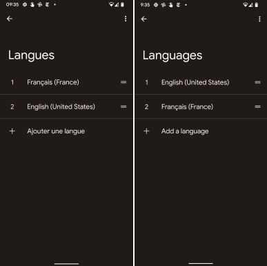 The left-hand screenshot shows the Langues menu shows the languages in this order: French, English, or "add another." The right screenshot shows English has been dragged to the top of the list.