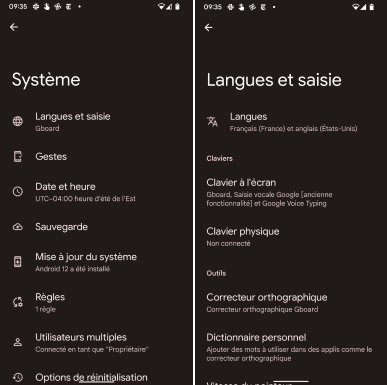 The left-hand screenshot shows the System menu in French. Langues et saisie is the first option. The right hand screenshot shows that menu option expanded, with Langues being the first item to select in that new menu.