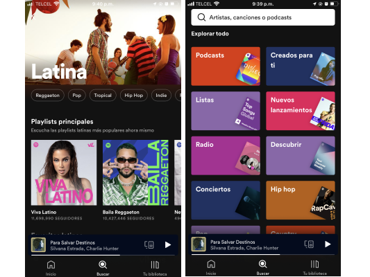 Screenshots of a iPhone screen on the Spotify app. Playlists and general homepage are in Spanish