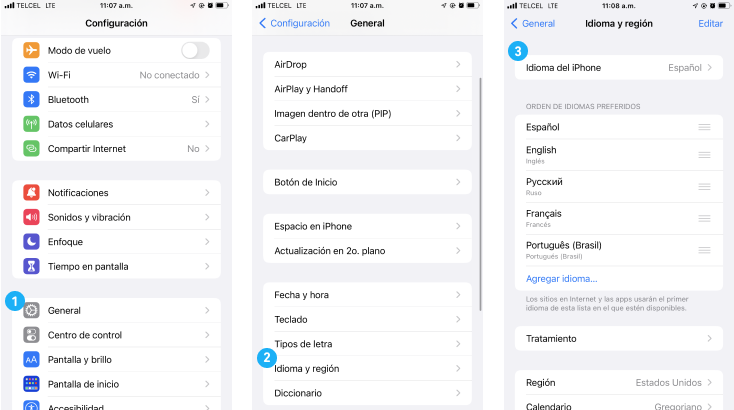Screenshot 1, on the far left, shows the Settings menu with a dot over "General," signaling this coincides with Step 1. In the middle, a screenshot of the General menu with a dot over "Idioma y region." On the far right, the Idioma y region menu shows "Idioma del iPhone" at the top of the screen, with Español selected.