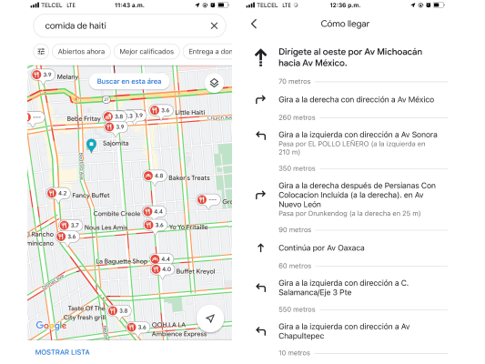 The left is a screenshot of a map, in the search bar it says "comida de haiti." The map is in Spanish. On the right, a list of directions to a place in the Google Maps UI - all instructions are in Spanish.