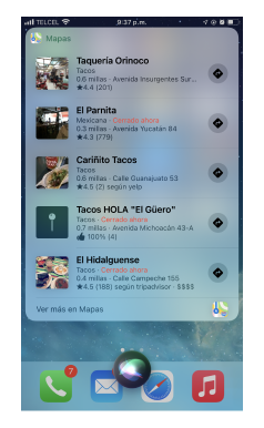 Una lista de sugerencias de Siri, como respuesta después de la pregunta "Donde se puede comprar tacos"