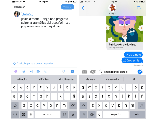 On the left, Cindy is composing a tweet in Spanish. The iPhone interface is suggesting words in Spanish to fill out her tweet. The UI is all in Spanish. On the right, Cindy is texting a friend and the iPhone is suggesting words in Spanish to fill out her text.