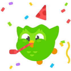 An illustration of the Duolingo owl wearing a party hat and blowing a noise maker. There is confetti all around him.
