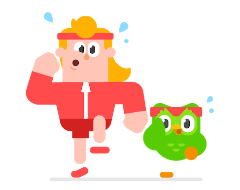 Abbildung des Duolingo-Charakters Eddy und der Eule Duo, die gemeinsam joggen gehen. Beide sind aus der Puste und tragen Schweißbänder.