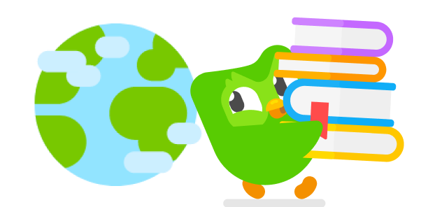 Duo holding a stack of books, looking over his shoulder at an illustration of the planet Earth