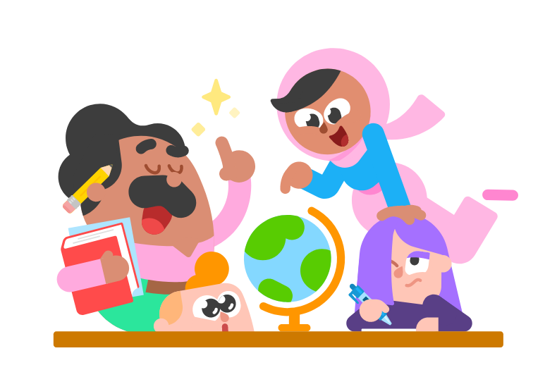 An illustration of the Duolingo character Oscar, a teacher, lecturing Junior, Lily, and Zari. Zari and Junior are staring excitedly at a globe on the desk.