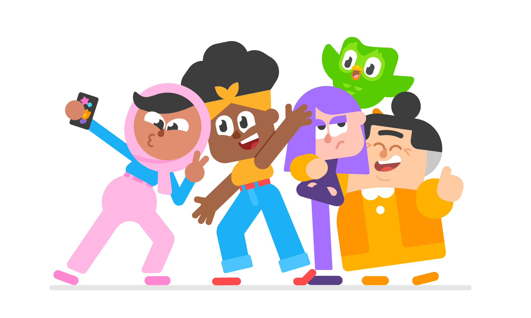 Ilustração dos personagens do Duolingo Zari, Bia, Lili, Lucy e a coruja Duo tirando uma selfie.
