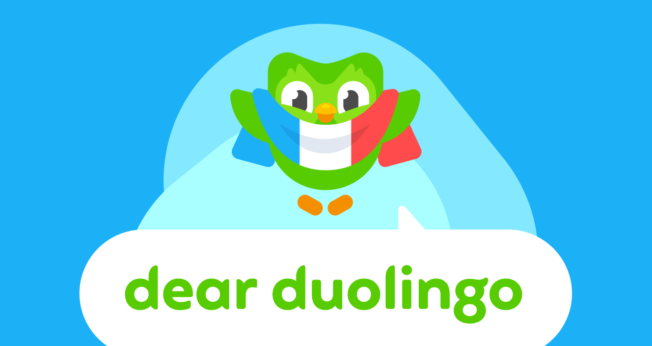 Dear Duolingo logo but with Duo the owl draped in a French flag