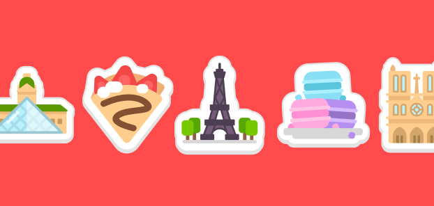 Illustrations of French themed stickers. From left to right: The Louvre, a strawberry crepe, the Eiffel Tower, a stack of pastel macarons, and Notre Dame.