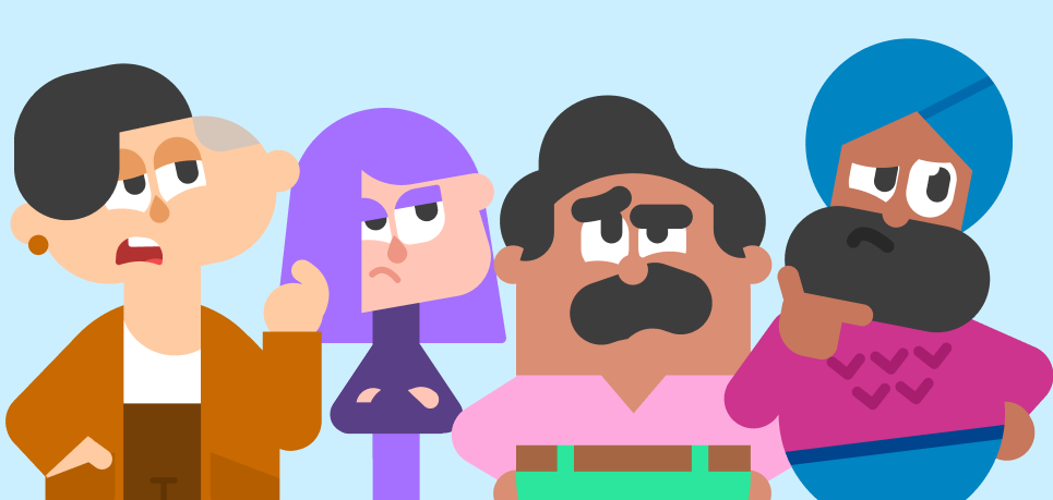 A row of Duolingo characters looking confused. From left to right: Lin, Lily, Oscar, Vikram.