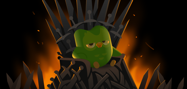 Duolingo's mascot, Duo, sitting on a Game of Thrones-style Iron Throne