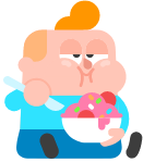 Illustration of the Duolingo character Junior sitting on the floor eating a big bowl of pink ice cream. His cheeks are full of ice cream and he looks like he's had too much.