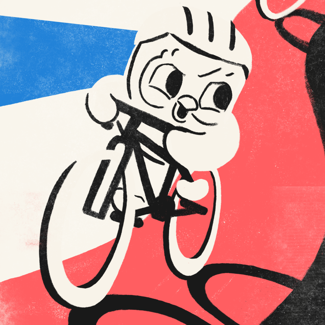 An illustration of Duo the owl on a bike, wearing a helmet. The illustration uses the colors of the French flag. A shadow behind Duo implies that he's racing against other bike riders--and maybe winning!
