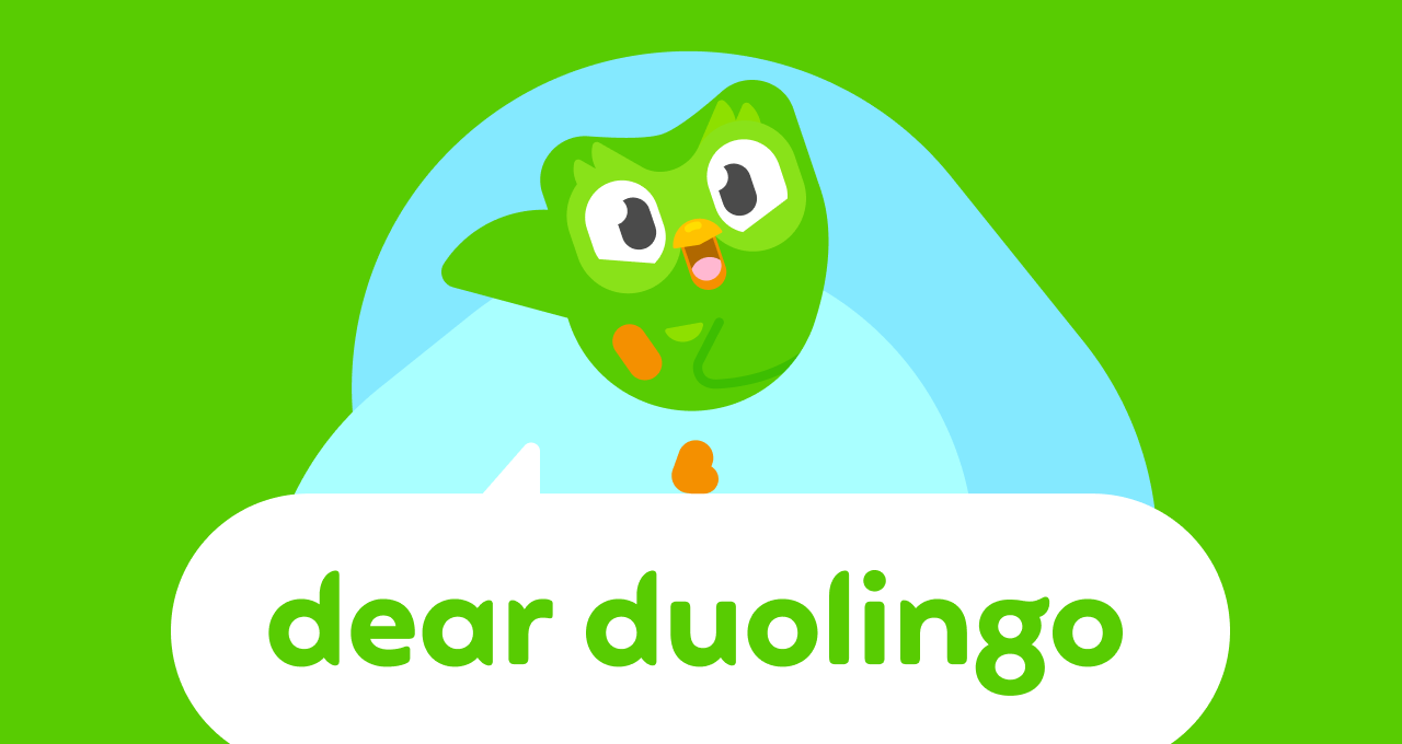 Dear Duolingo logo with Duo the owl cheerfully walking on top