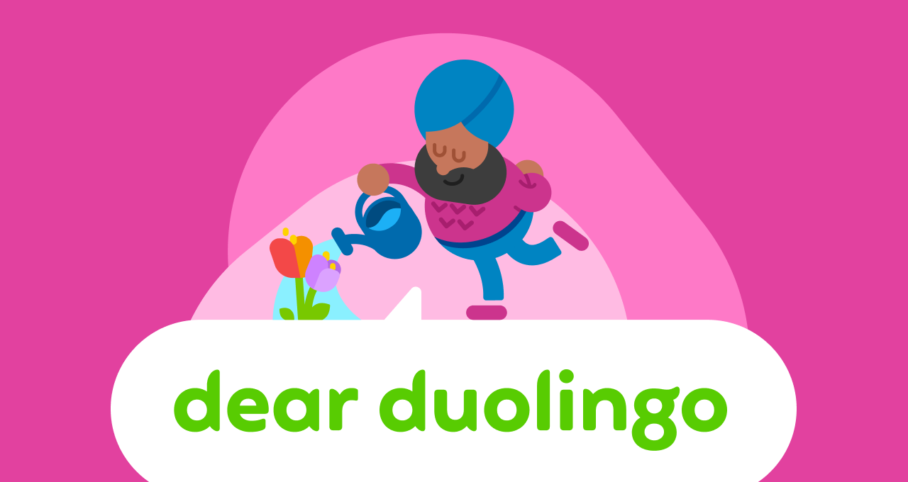 Dear Duolingo logo with Duolingo character Vikram watering flowers in his garden