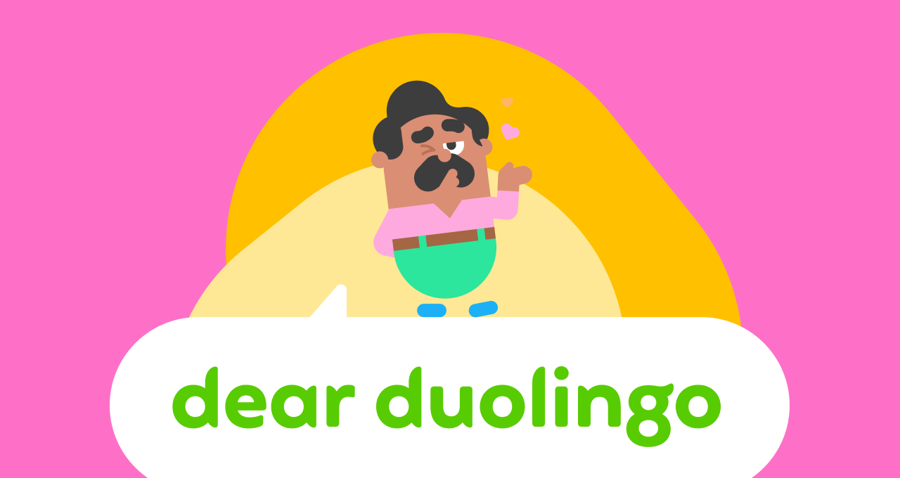 Dear Duolingo logo with Oscar on top, blowing a kiss
