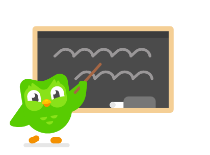 Duolingo the owl in front of a chalkboard with illegible writing