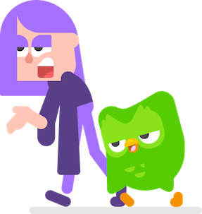 Duo, a coruja do Duolingo, e a personagem Lili caminhando juntos. Lili está falando e gesticulando e parece entediada, como se estivesse usando um tom monótono.