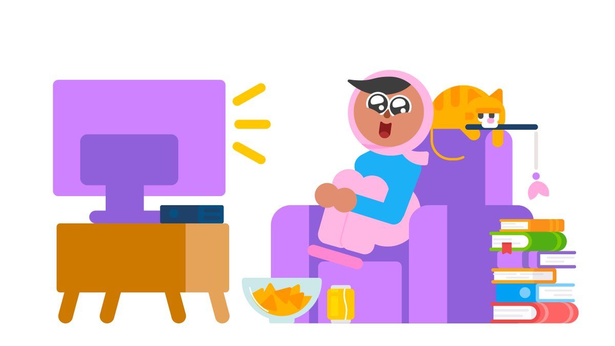 Duolingo character Zari is watching TV sitting on a large armchair with a bowl of chips on the floor. Behind her, a pet cat is playing with a toy. There is a large stack of books next to the chair.