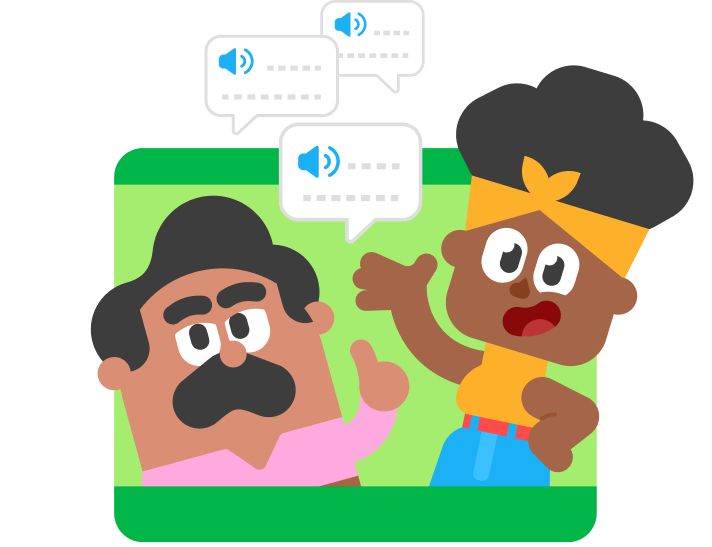 Duolingo characters Oscar and Bea smiling and waving, with speech bubbles above them.