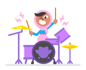 Duolingo character Zari playing the drums