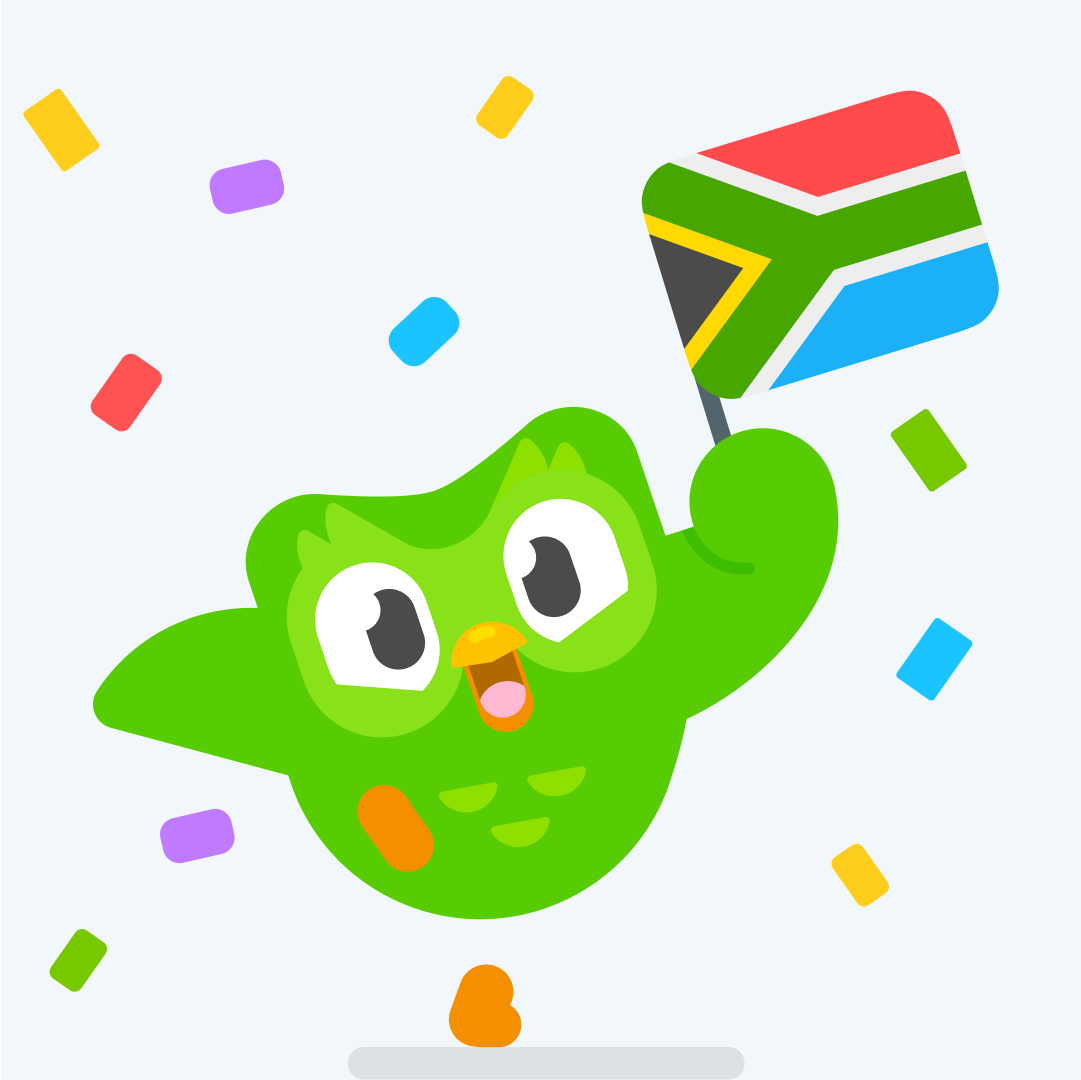 Duolingo owl holding the South African flag, surrounded by falling confetti