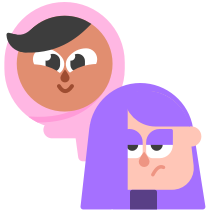Image of Duolingo character Zari smiling happily and her best friend Lily looking unimpressed