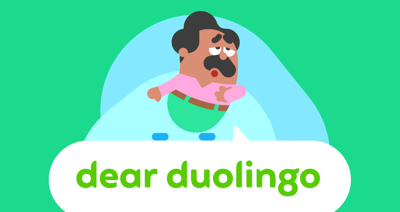 Illustration of Dear Duolingo logo with the Duolingo character Oscar singing on top of it