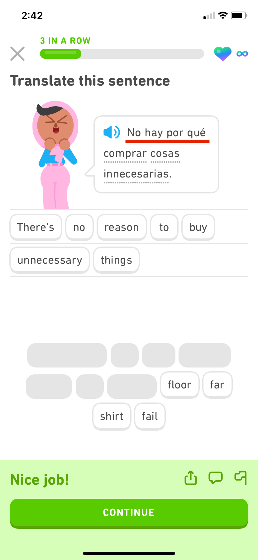 Screenshot of a Duolingo exercise where Zari has said something in Spanish and the learner has translated it correctly as "There's no reason to buy unnecessary things." Part of the Spanish sentence is underlined in red to highlight the phrase discussed in the text, "no hay por qué."