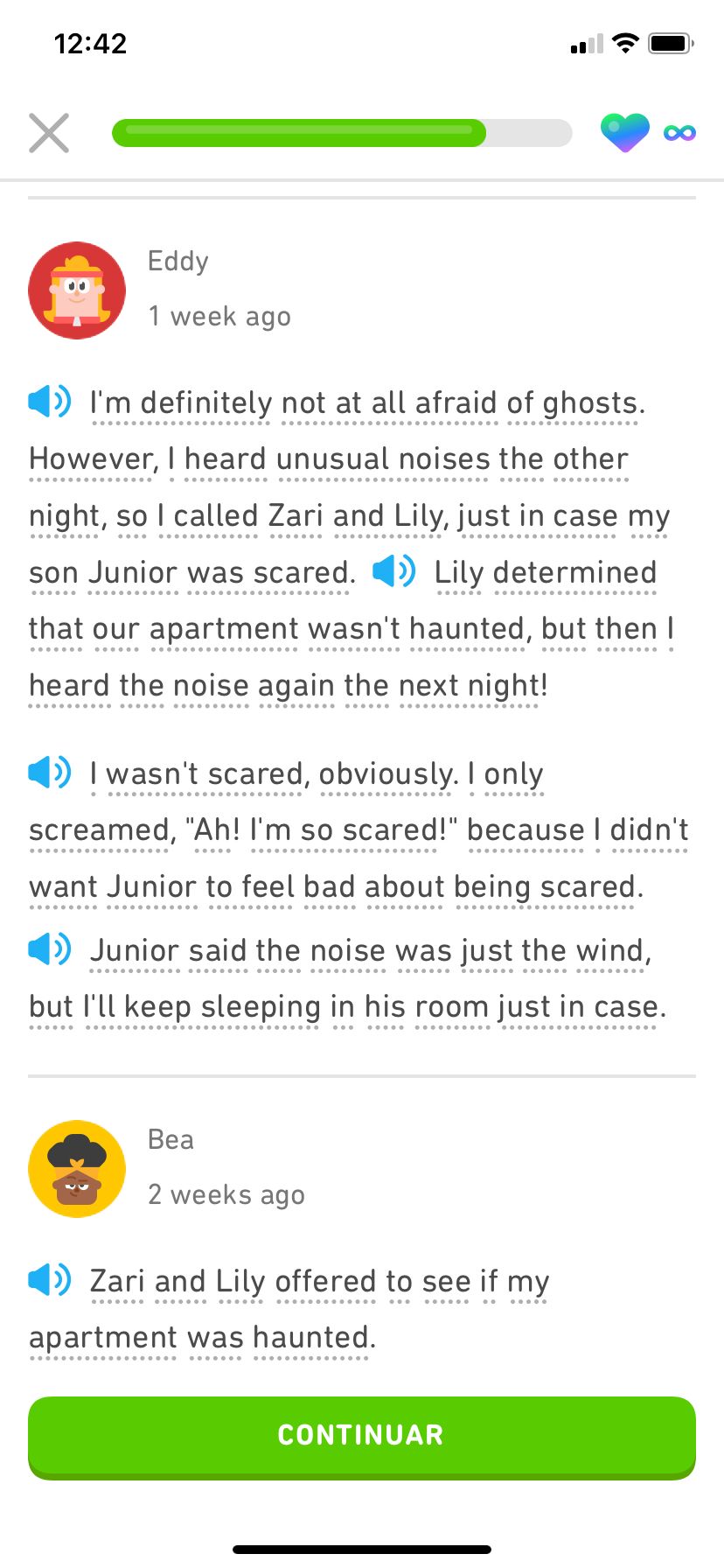 Screenshot of a new Story that is a list of reviews of Lily and Zari's new business. First is a two-paragraph review from Eddy, followed by the first lines of a review from Bea.