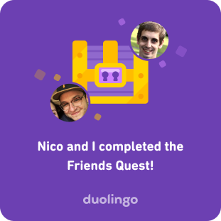 A share card with a purple treasure chest in the middle and two profile pictures on the sides. The text reads Nico and I completed the Friend Quest!