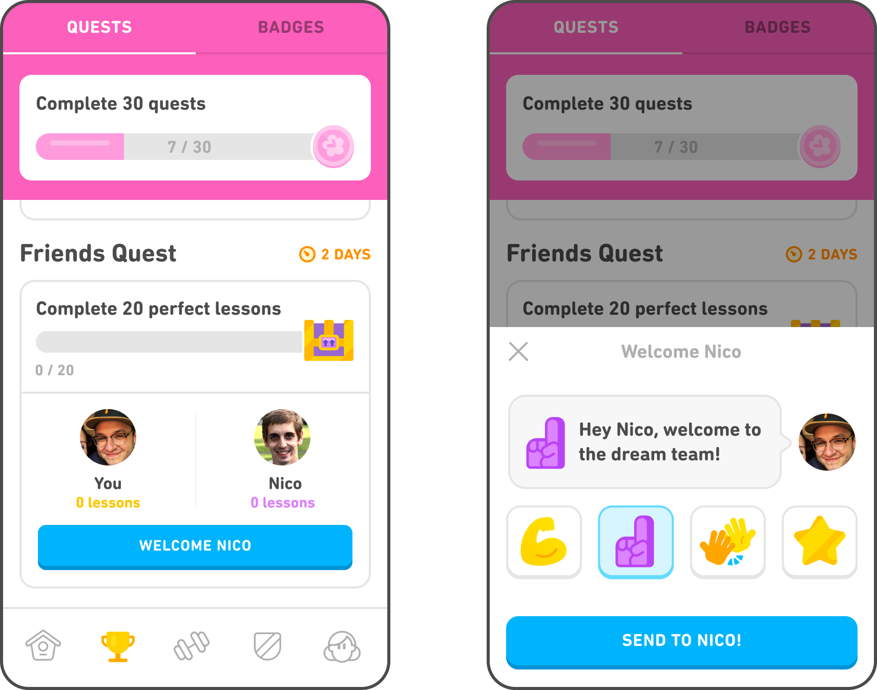 On the left, a screenshot of the Quests menu showing two Friends paired in a Friends Quest and a button that reads “WELCOME NICO.” On the right, the popup that appears when tapping that button, which shows icons that can be sent, and the message “Hey Nico, welcome to the dream team!”
