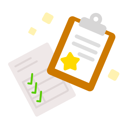 Illustration of a clipboard with a piece of paper with a gold star on it and a second piece of paper with green check marks