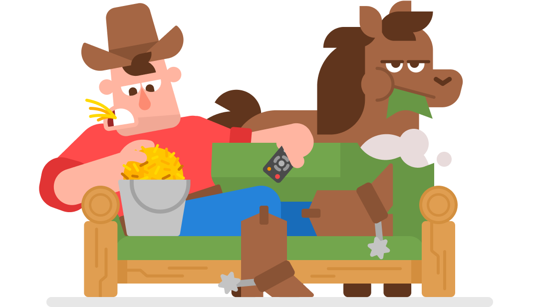 カウボーイの男性が、テレビのリモコンを持って、ソファに座っているイラスト。その後ろには馬がいる。男性は馬のえさ用のバケツから干し草を食べ、馬はソファの背もたれを食べている。