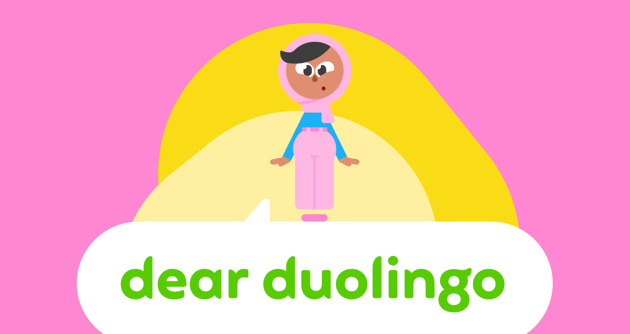 Dear Duolingo logo with a cotton-candy pink background and the Duolingo character Zari standing on top looking curious