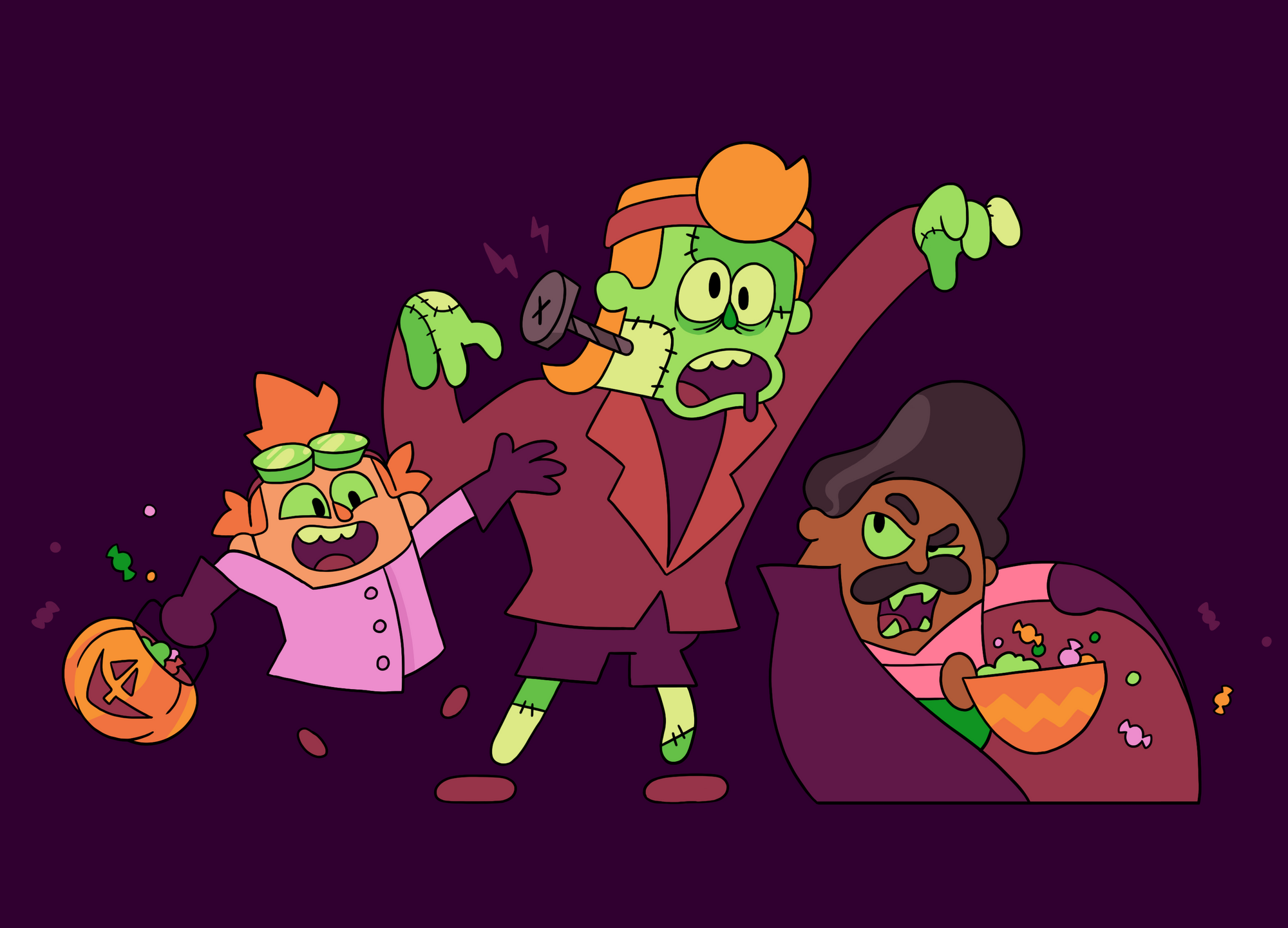 Júnior, Eddy e Óscar, os personagens do Duolingo, vestidos como monstros à la Frankenstein.