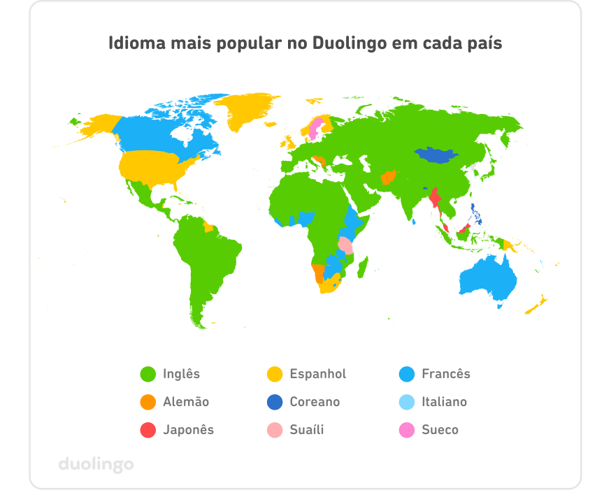 Mapa dos idiomas mais populares no Duolingo em cada país em 2022. Cada país é colorido de acordo com o idioma mais popular. A maior parte do mundo está com a cor do inglês, especialmente na América do Sul, Europa, África e Ásia. Os EUA, Dinamarca, parte da Escandinávia, Nova Zelândia e Papua Nova Guiné estão com a cor do espanhol. Canadá, Austrália e boa parte do leste e parte central da África estão com a cor do francês. Alguns países têm a cor do alemão, dois têm a do coreano e um ou dois têm as cores do italiano, japonês, suaíli e sueco.