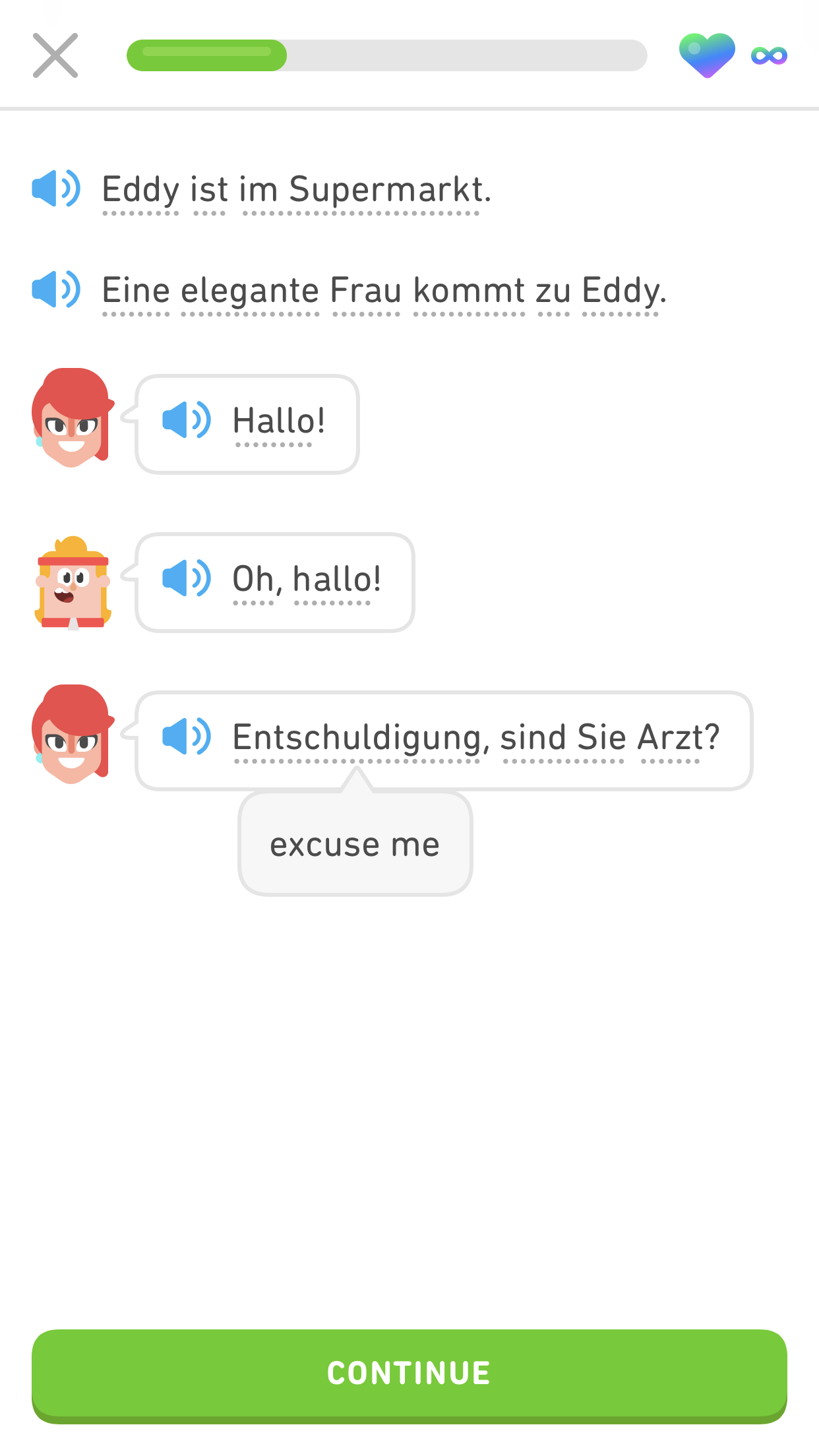 Screenshot of a few lines of dialogue from a Story. One word, Entschuldigung, has been clicked and the hint is visible. It reads "Excuse me."