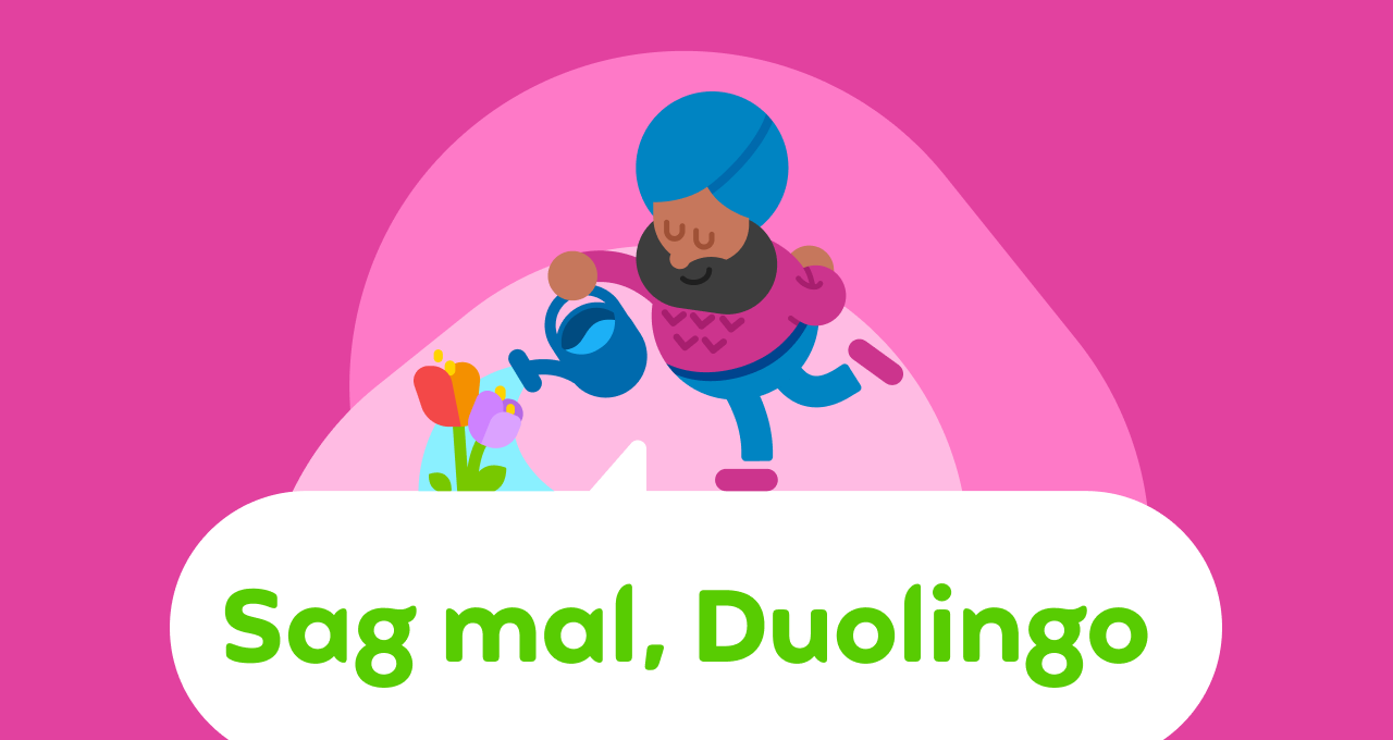 Dear Duolingo logo with Duolingo character Vikram watering flowers in his garden